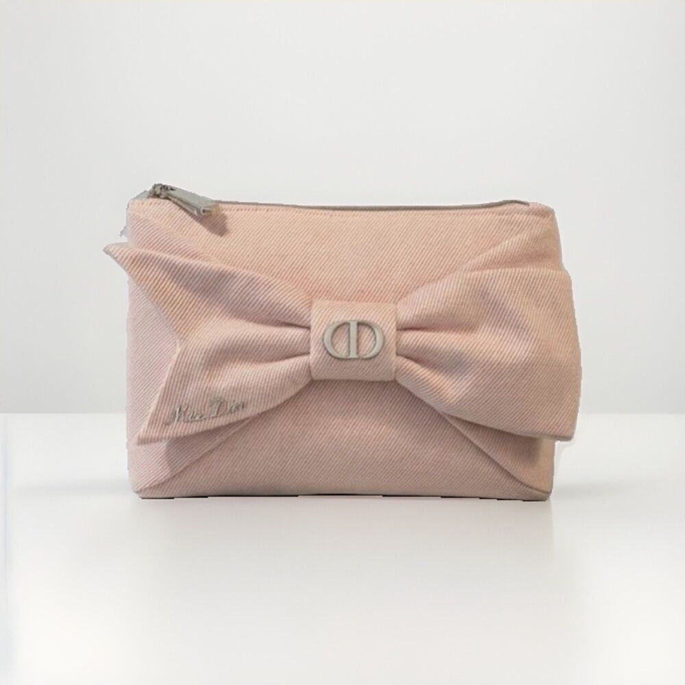 Dior Pink Bow Zippered Makeup Bag Pouch Zipper Cosmetic Case from JAPAN - Picture 2 of 5